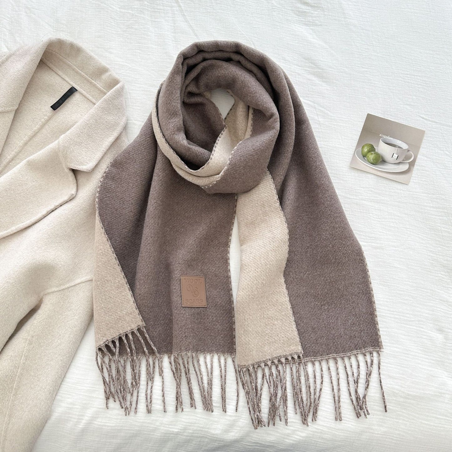 Thickened Double-sided Two-tone Wool Scarf Versatile Solid-color Tassel Shawl For Warmth And Style