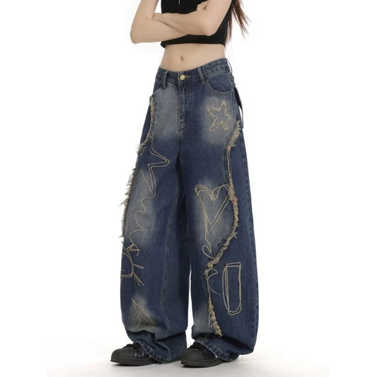 Women's High Waist Ripped Jeans Slim Fit Wide Leg Floor-Length Pants