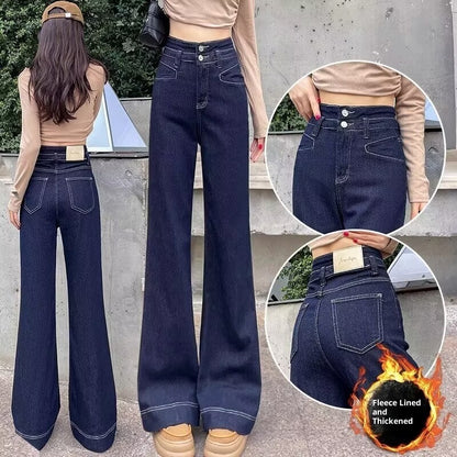Loose High-waisted Flared Deep Blue Fleece-lined Wide-leg Jeans