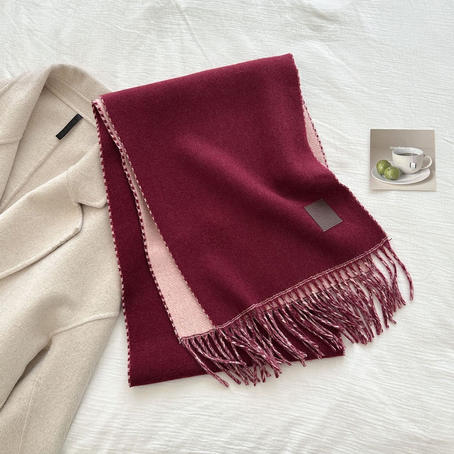 Thickened Double-sided Two-tone Wool Scarf Versatile Solid-color Tassel Shawl For Warmth And Style
