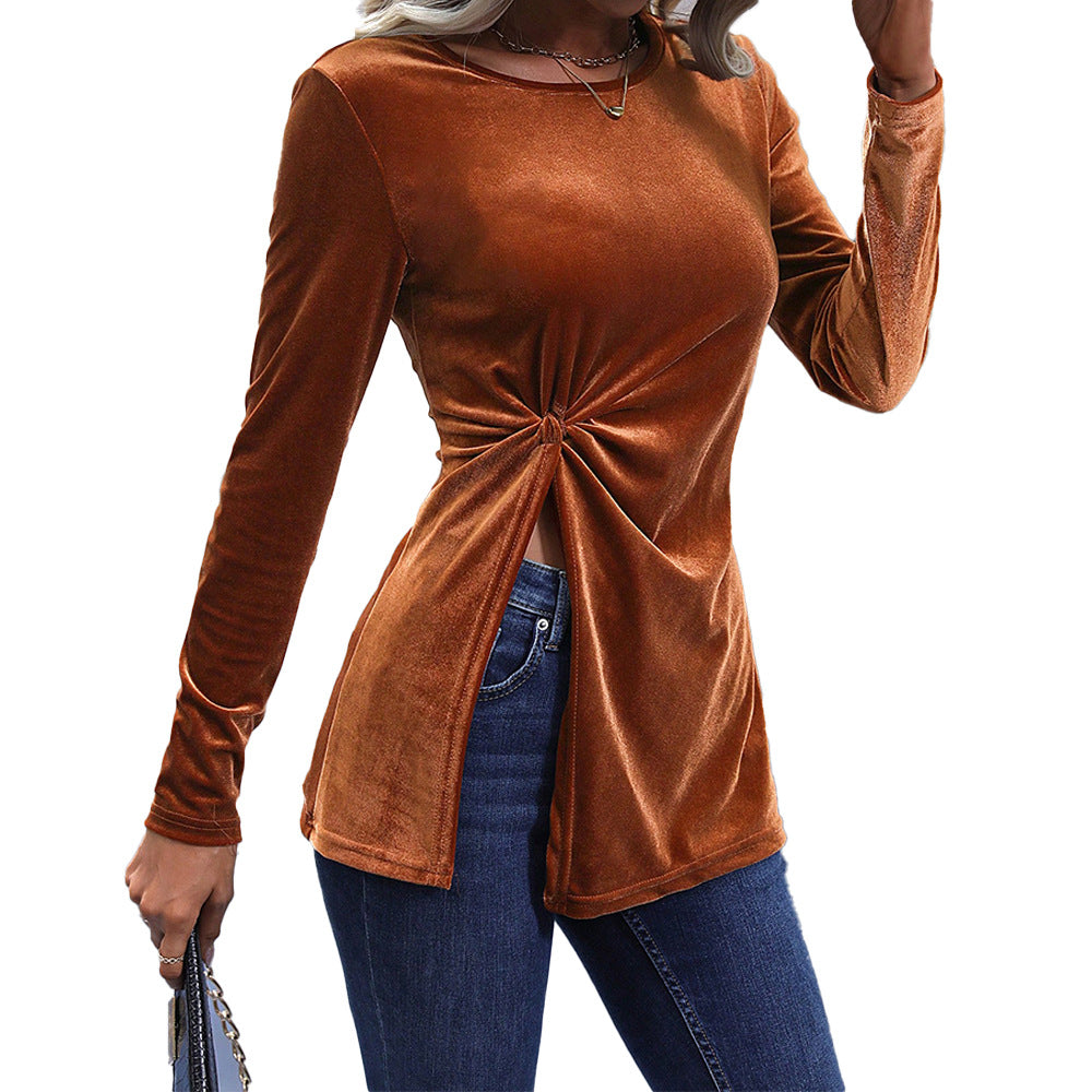 AutumnWinter Long-Sleeve Asymmetrical Slit Elegant Velvet Top