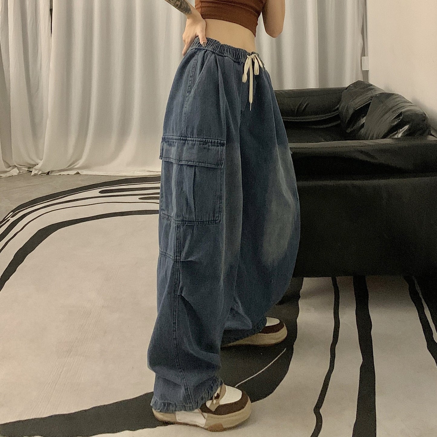 Niche Design Women's Retro Loose Patch Pocket Workwear Denim Jeans