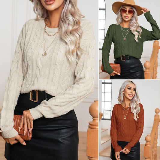 Womens Retro Cable-Knit Long-Sleeve Knitted Pullover Sweater