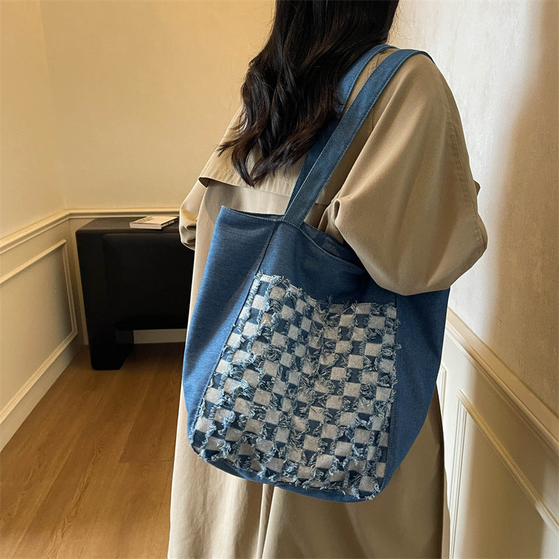 Versatile Casual Washed Denim Tote Bag With A Plaid Pattern And A Large Capacity