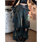 Street Wash Distressed Print Detachable Jeans Women Loose Slim Fit Draped Wide-leg Pants