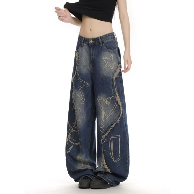 Women's High Waist Ripped Jeans Slim Fit Wide Leg Floor-Length Pants
