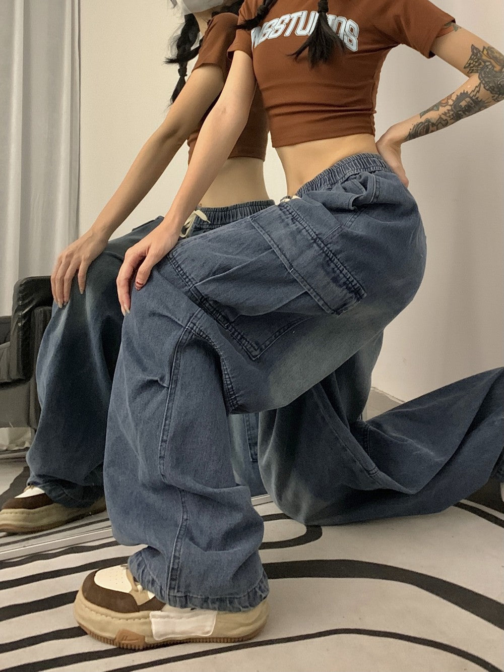 Niche Design Women's Retro Loose Patch Pocket Workwear Denim Jeans