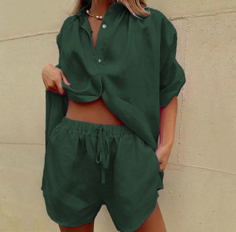 Two Piece Set Of Wide Leg Shorts With Tie Up Shorts