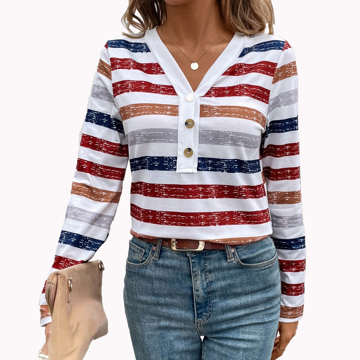 Fashion Women's Wear Color Striped Fastener Decoration V-neck Long Sleeve