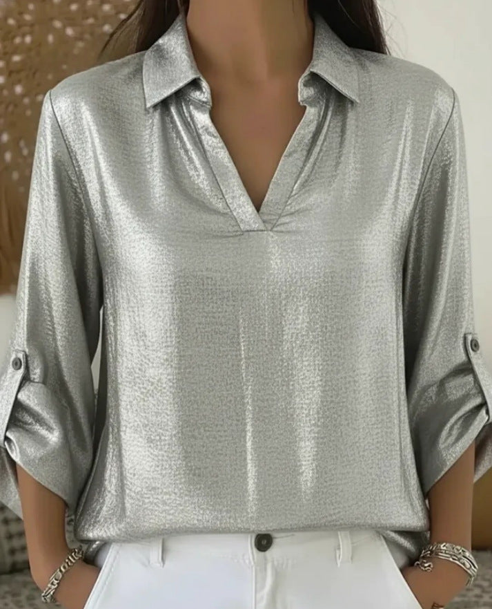 Loose-fit Womens Gold-foil V-neck T-shirt With Pocket