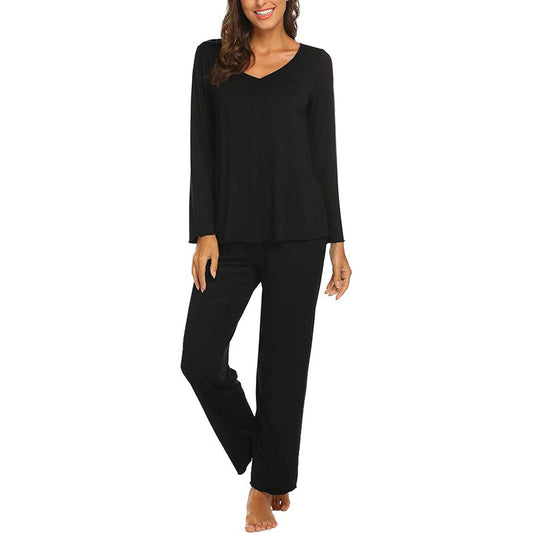 Women's Casual Solid Color V-neck Long Sleeve Pants Loose Home Wear