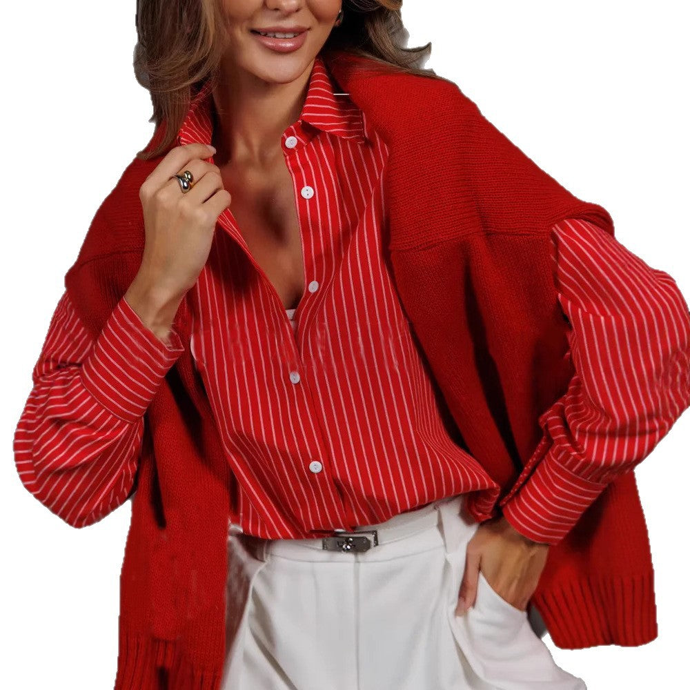 Women's Plus Size Striped Work Casual Long Sleeve Shirt