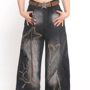 Deconstructed Embroidered Washed Jeans For Women, Autumn