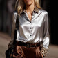 Retro-Style Long-Sleeve Satin Shirt With Leopard Print And Color-Block Design
