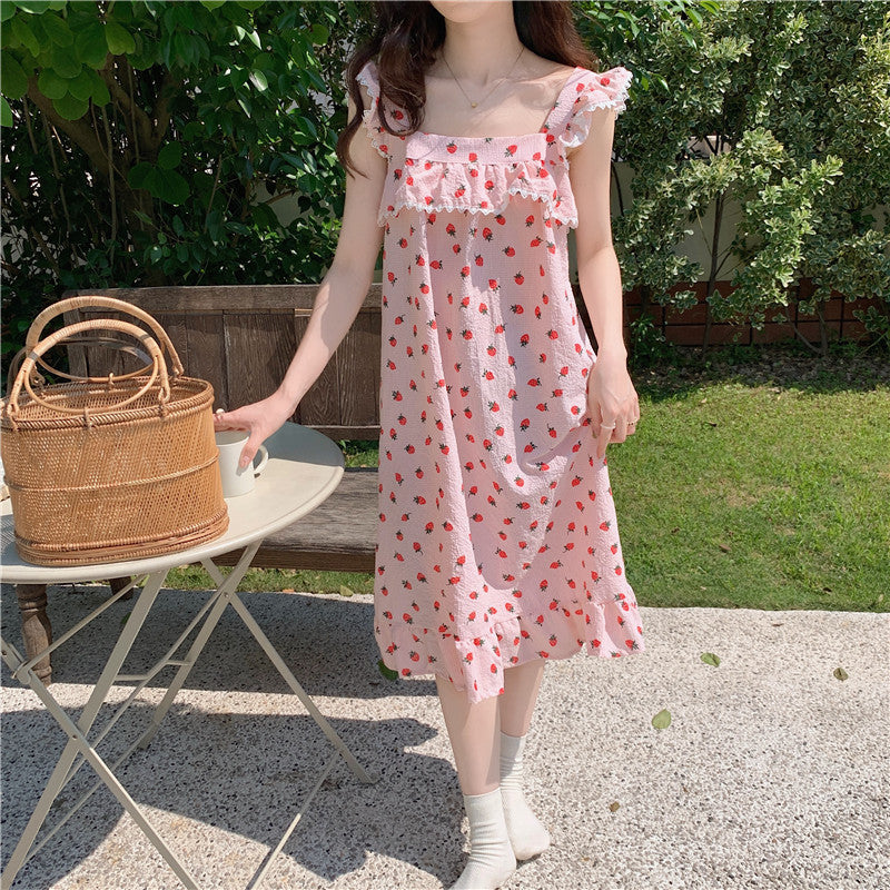 Girlfriends Clothes Cute Plaid Strawberry Lace Trim Pajamas Summer Suspender Shorts Homewear