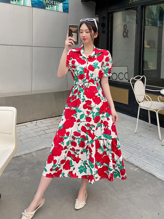 Floral Lapel Loose Fitting Short Sleeve Dress