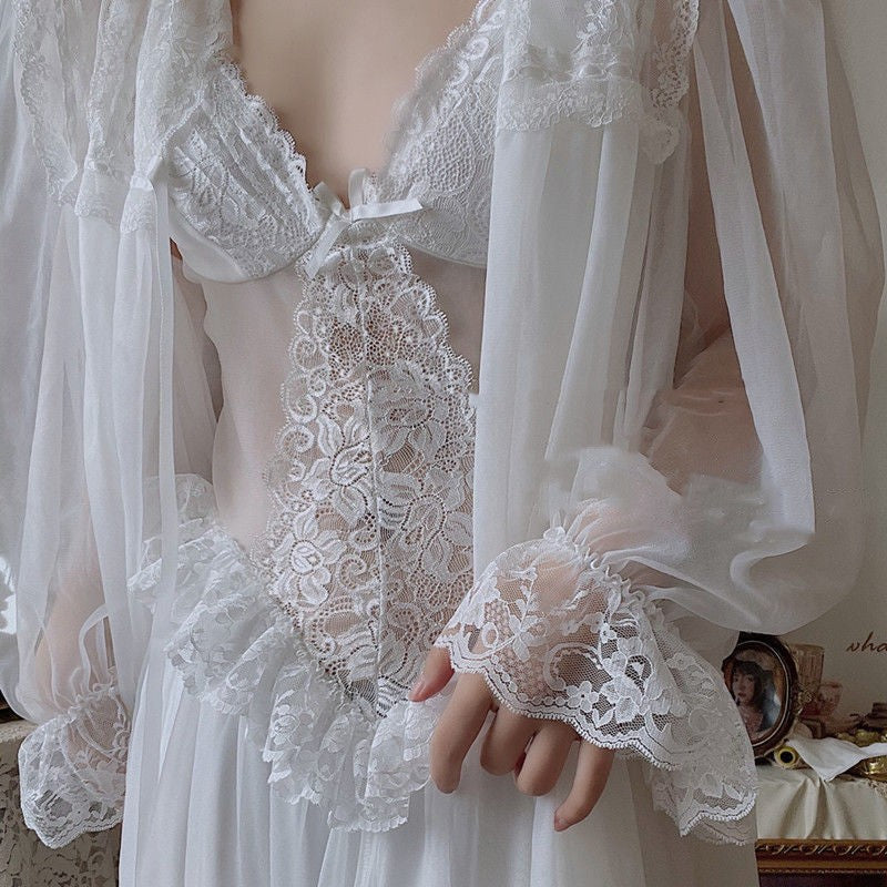 Two Piece Set Of Women's Mesh Suspender Nightgown