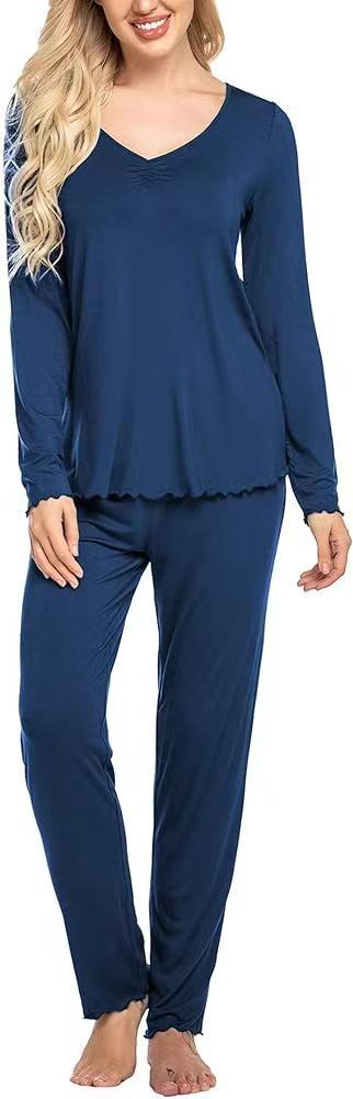 Women's Casual Solid Color V-neck Long Sleeve Pants Loose Home Wear