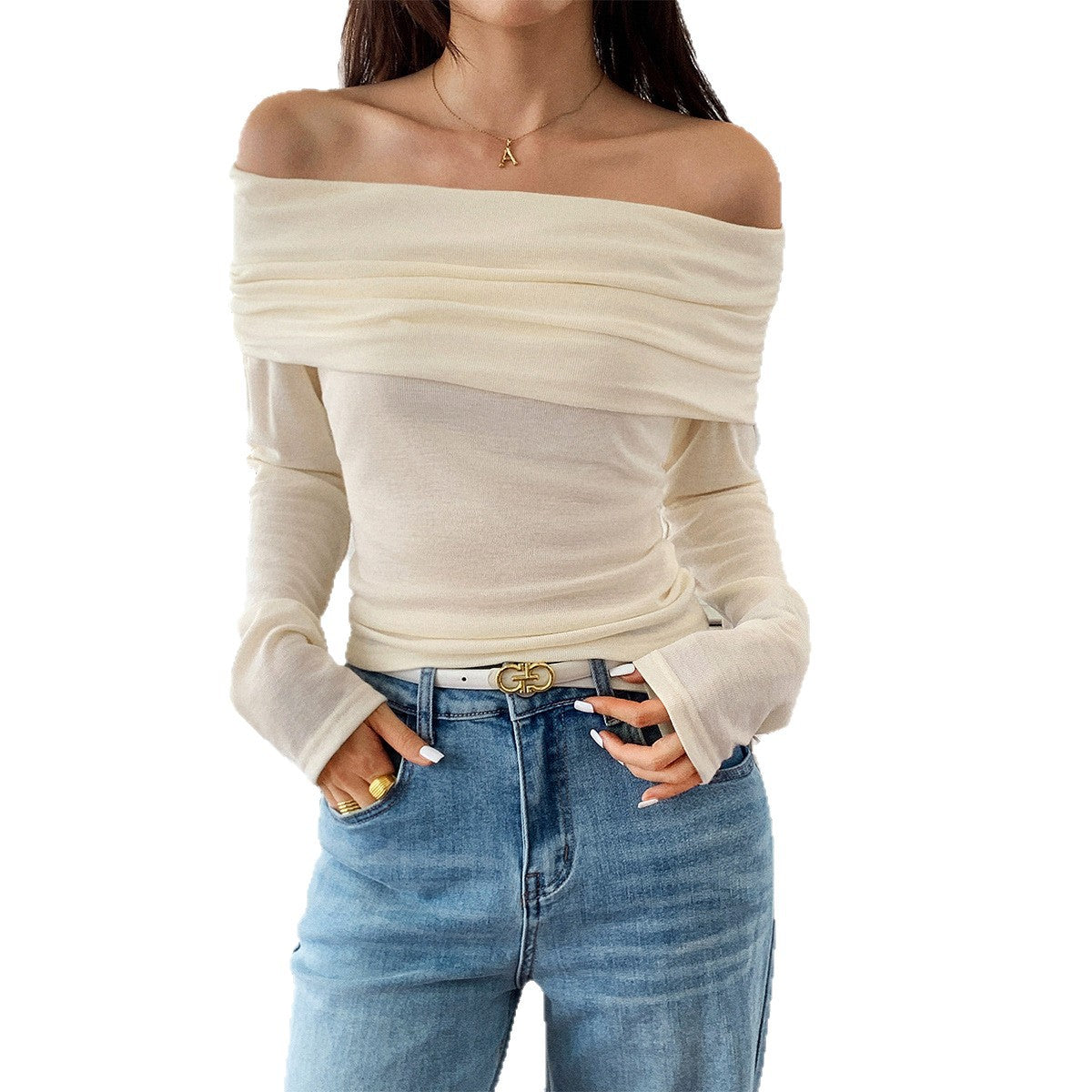 Casual Vacation Style Tube Top Long Sleeve T-shirt Women's Tops