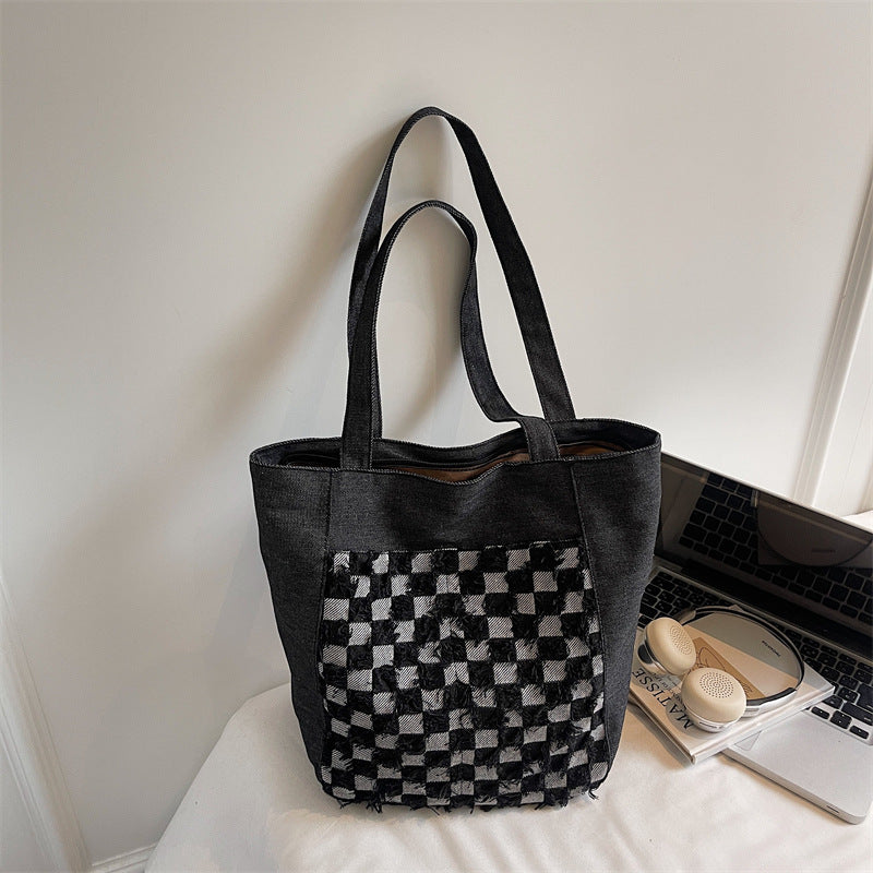 Versatile Casual Washed Denim Tote Bag With A Plaid Pattern And A Large Capacity
