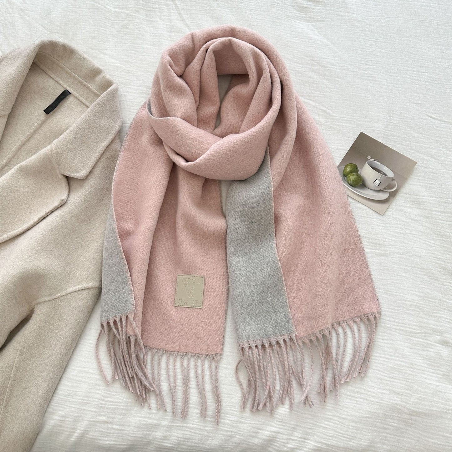 Thickened Double-sided Two-tone Wool Scarf Versatile Solid-color Tassel Shawl For Warmth And Style