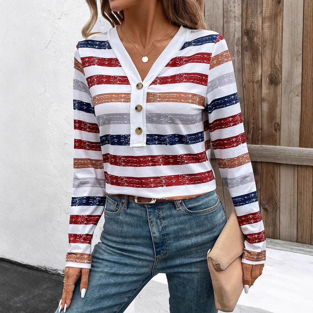 Fashion Women's Wear Color Striped Fastener Decoration V-neck Long Sleeve