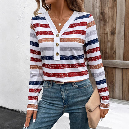 Fashion Women's Wear Color Striped Fastener Decoration V-neck Long Sleeve