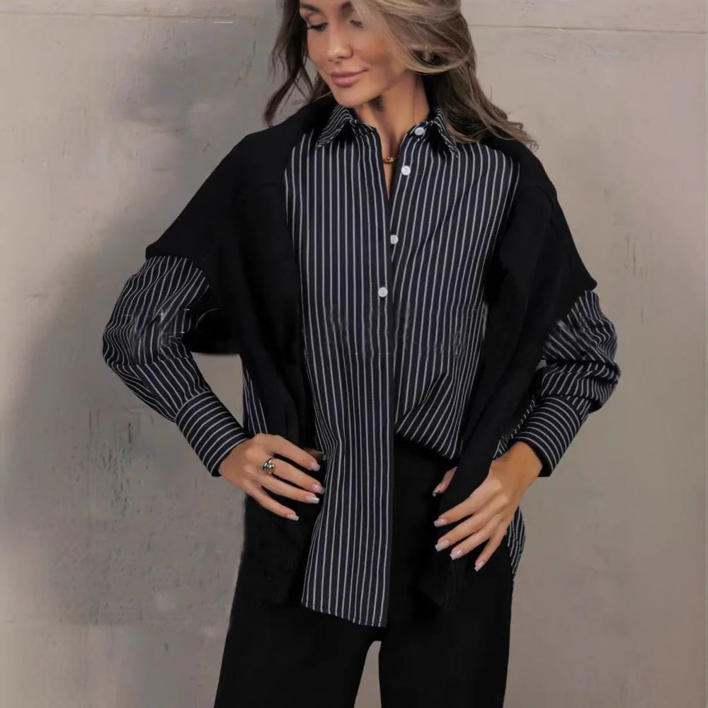 Women's Plus Size Striped Work Casual Long Sleeve Shirt