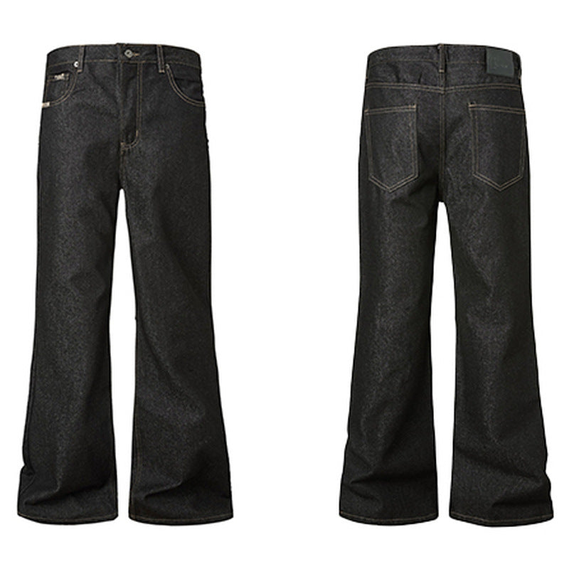 Dark-colored Slightly Flared Raw Denim Jeans For All Seasons