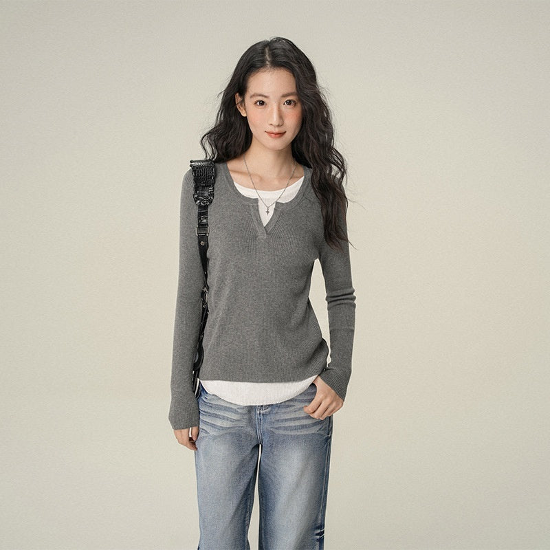 Shoulder Small V-neck Long-sleeve Women's Top Inner Wear