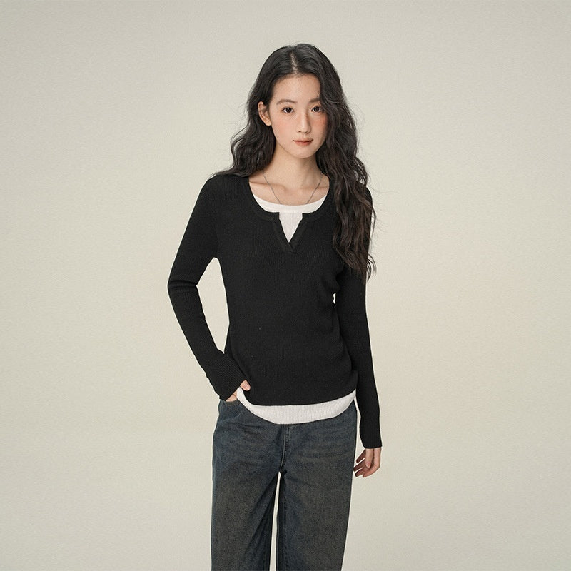 Shoulder Small V-neck Long-sleeve Women's Top Inner Wear