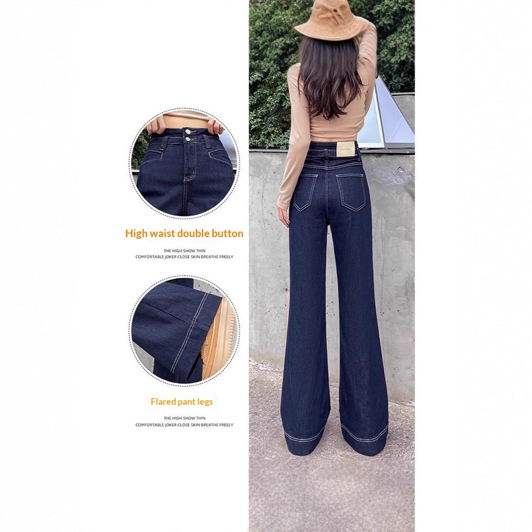 Loose High-waisted Flared Deep Blue Fleece-lined Wide-leg Jeans
