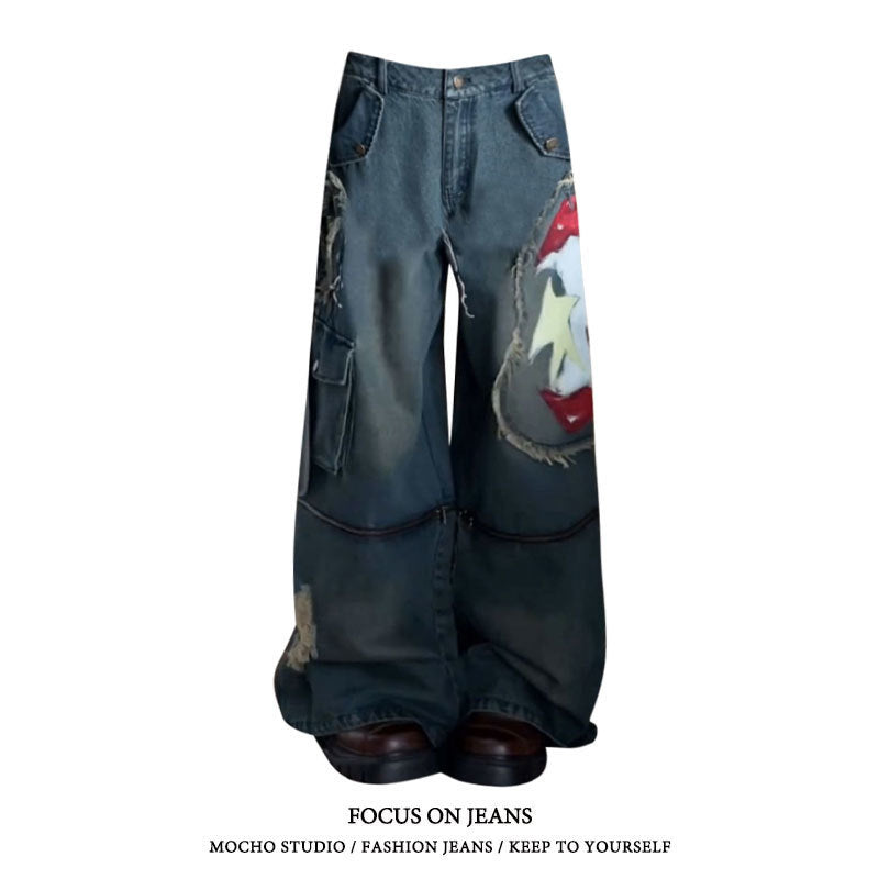 Street Wash Distressed Print Detachable Jeans Women Loose Slim Fit Draped Wide-leg Pants