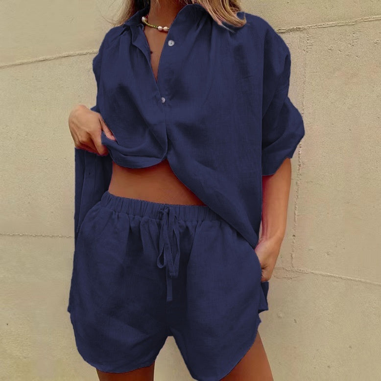 Two Piece Set Of Wide Leg Shorts With Tie Up Shorts