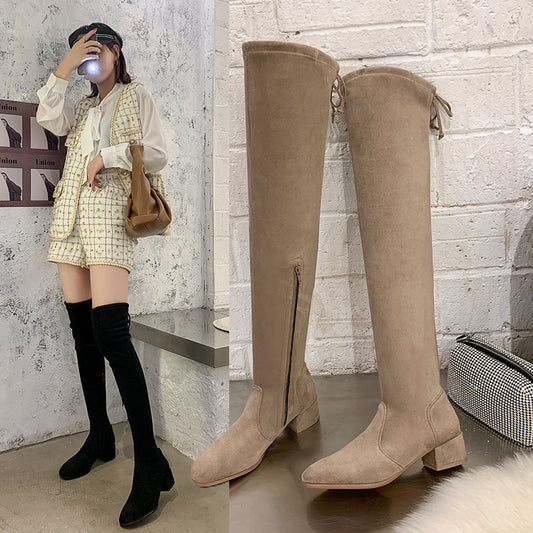 Square Toe Fashion Side Zipper Square Heel Outer Wear Stretch Skinny Boots