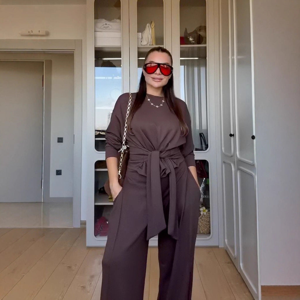 New Casual Fashion Tops Lace-up Waist Trimming Loose Trousers Suit