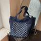 Versatile Casual Washed Denim Tote Bag With A Plaid Pattern And A Large Capacity