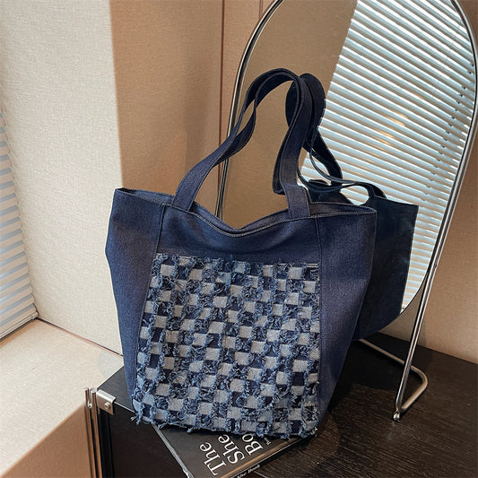 Versatile Casual Washed Denim Tote Bag With A Plaid Pattern And A Large Capacity