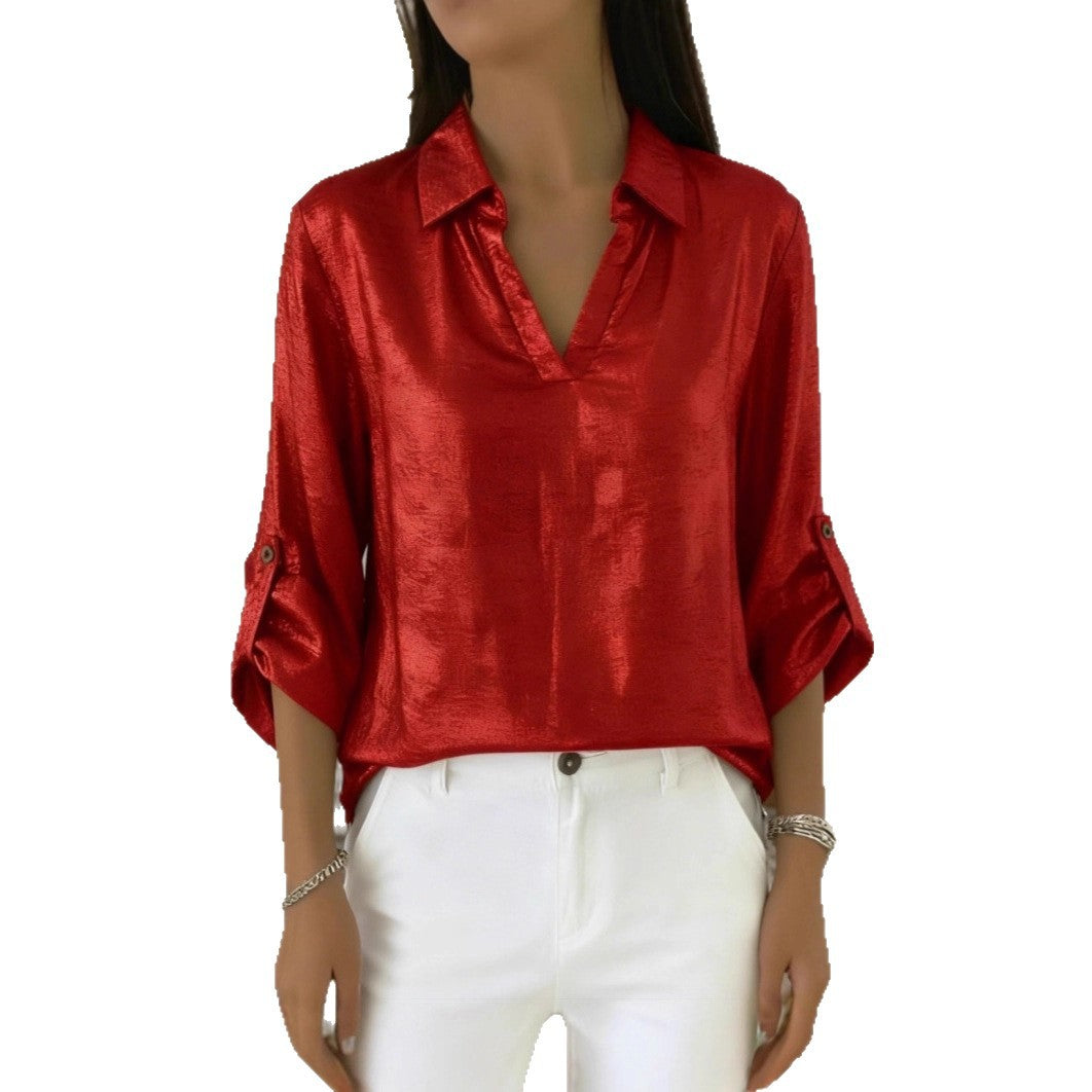Loose-fit Womens Gold-foil V-neck T-shirt With Pocket