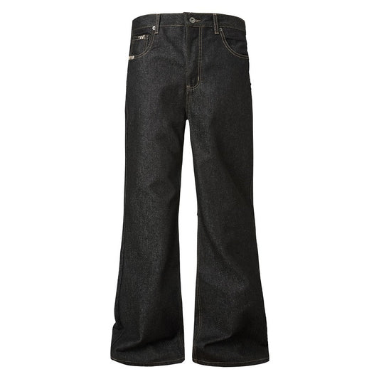 Dark-colored Slightly Flared Raw Denim Jeans For All Seasons