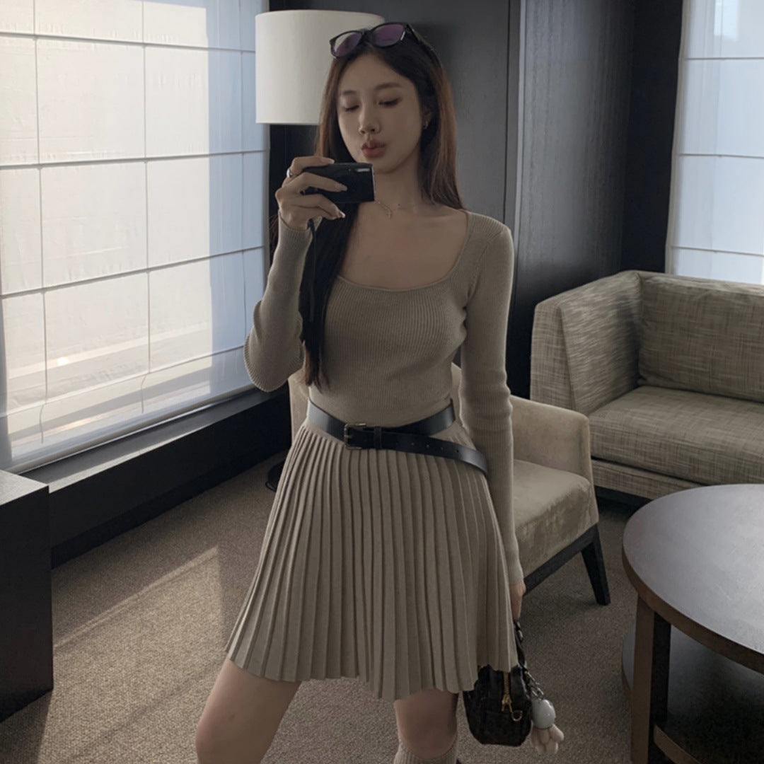 Womens Slim Fit Pleated Long Sleeve Dress