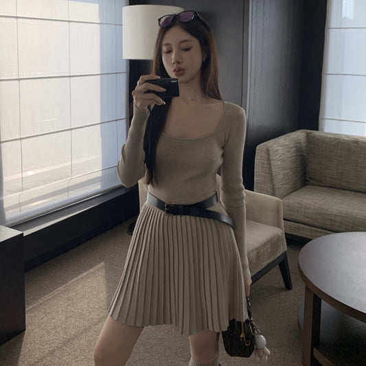 Womens Slim Fit Pleated Long Sleeve Dress