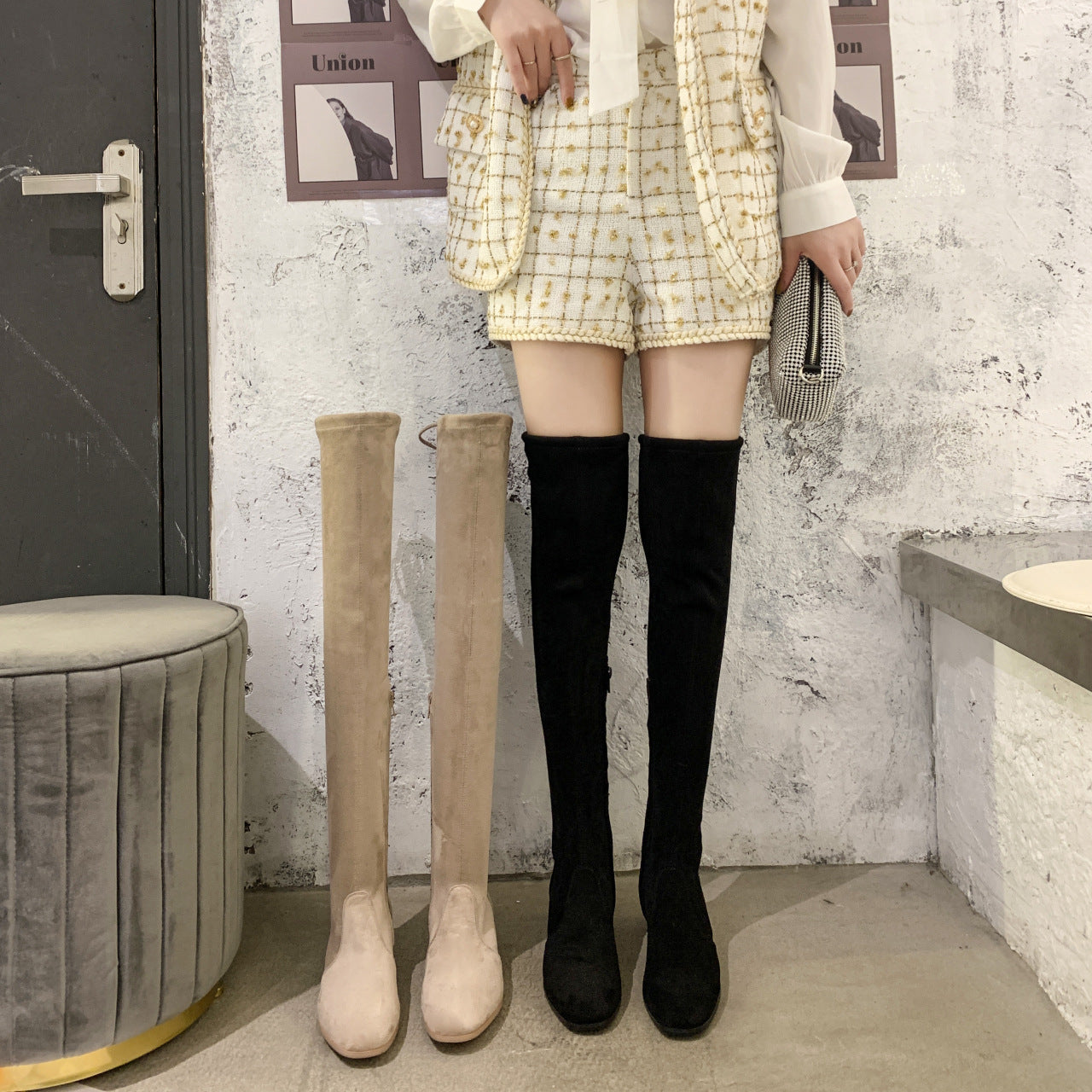 Square Toe Fashion Side Zipper Square Heel Outer Wear Stretch Skinny Boots