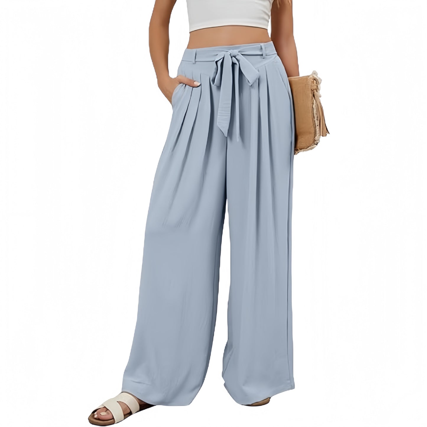 Womens Stylish Solid-color Flowy High-waist Wide-leg Pants