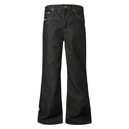 Dark-colored Slightly Flared Raw Denim Jeans For All Seasons