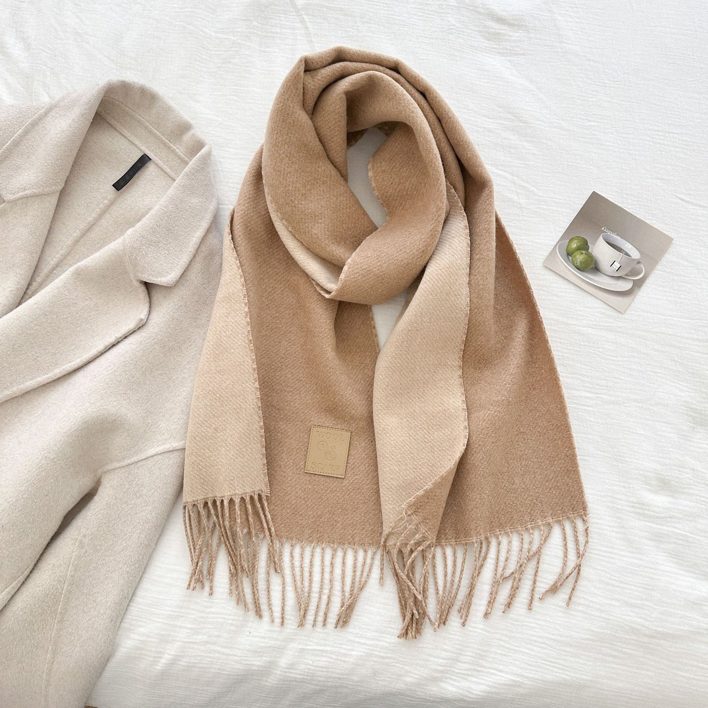 Thickened Double-sided Two-tone Wool Scarf Versatile Solid-color Tassel Shawl For Warmth And Style