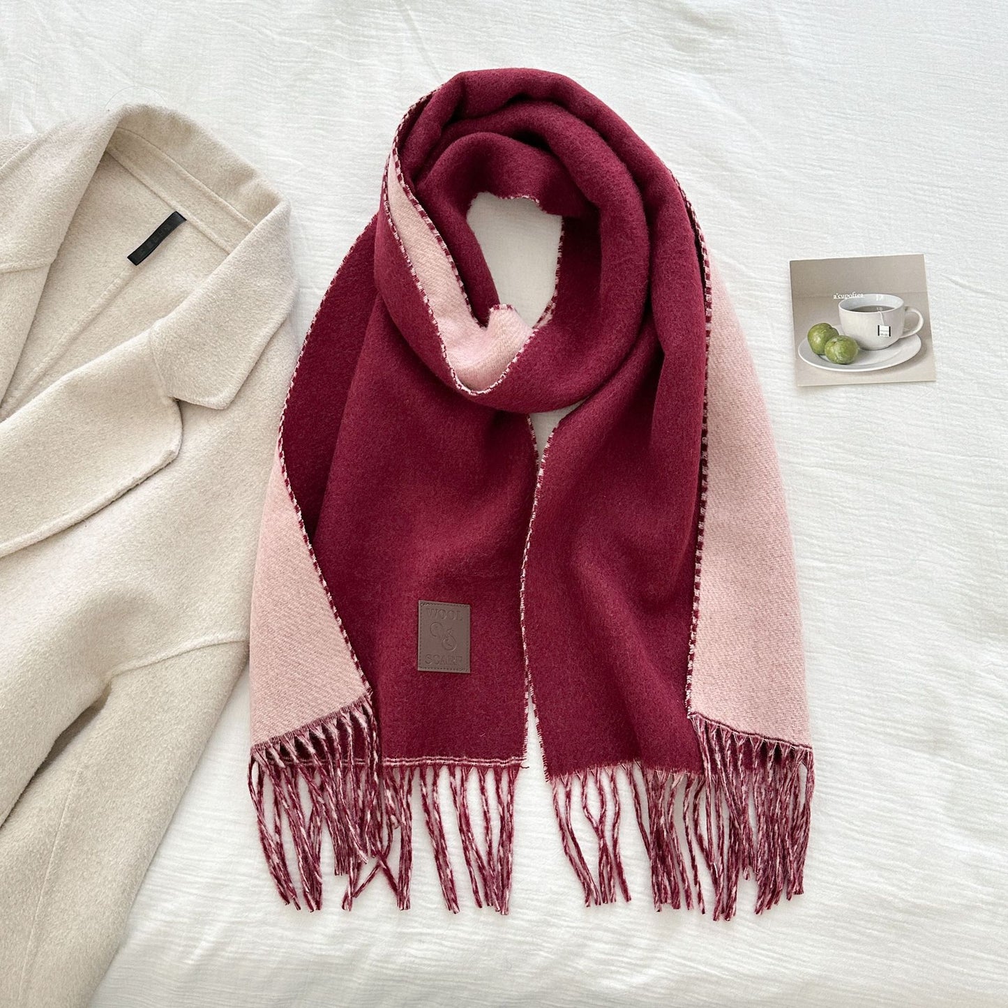 Thickened Double-sided Two-tone Wool Scarf Versatile Solid-color Tassel Shawl For Warmth And Style