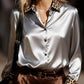 Retro-Style Long-Sleeve Satin Shirt With Leopard Print And Color-Block Design