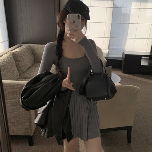 Womens Slim Fit Pleated Long Sleeve Dress