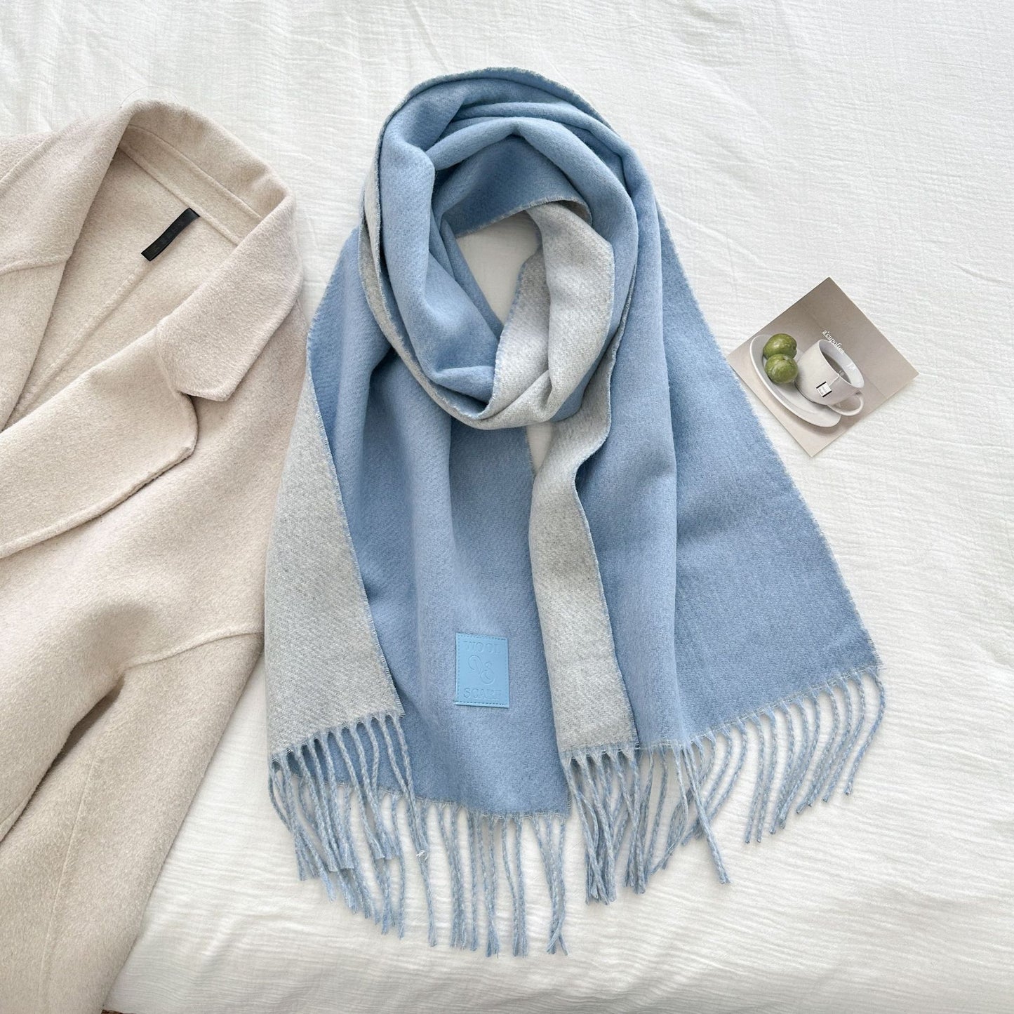 Thickened Double-sided Two-tone Wool Scarf Versatile Solid-color Tassel Shawl For Warmth And Style